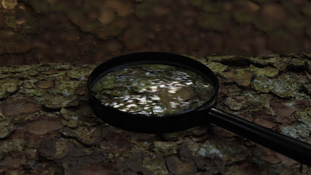 magnifying glass on the bark of a tree in the forestの写真素材