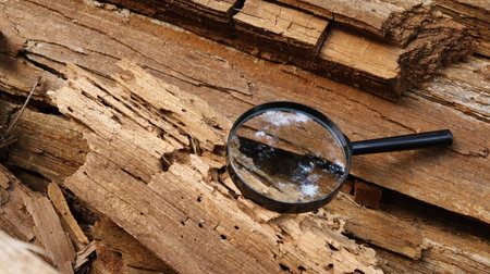 magnifying glass on a wooden background, close-up viewの写真素材