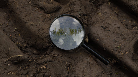 Magnifying glass on the ground with a view of the forest.