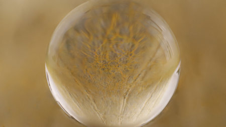 Close-up of a glass ball that reflects a yellow structureの写真素材