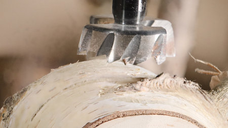 Forstner Drill Bit Boring into Birch Wood â DIY Woodworking Detailの写真素材