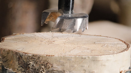 Macro shot of a Forstner drill bit cutting into birch wood as part of a DIY woodworking project.の写真素材