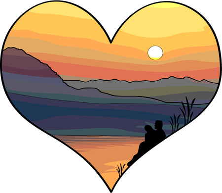 Concept of Love, Couple in love looking to the sunset over the mountains and sea, picture in hearth shapeのイラスト素材
