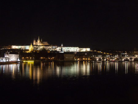 Prague, Czech Republic, february 16, 2012 Prague Castle and the Charles bridge in the nightのeditorial素材