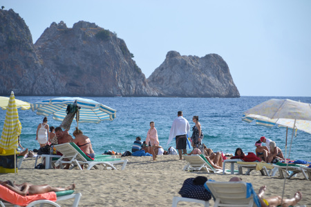 Alanya Turkey october 13, 2018: Cleopatra beach in Alanya, sunny day in Turkey, people relaxing on the beach and doing leisure activityのeditorial素材