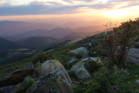Romantic evening scenery, sunset on Monte Oiz - The Balcony of Biscay - Basque Country, Spainの写真素材