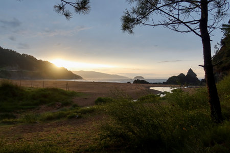 Sunset at Laga Beach, Basque Country, sun breaks through the clouds, casting a warm glow on the mountains and ocean. The foreground shows greenery, leading to the beach.の写真素材