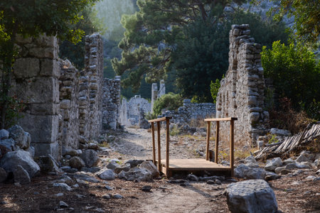 Ancient Pathway Through Stone Ruins of Olympos Turkey Surrounded by Lush Nature and Historic Structuresの写真素材