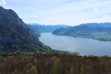 Peaceful Vista of Lake Traunsee Sparkling Beneath a Clear Sky, Surrounded by Verdant Mountains and Rolling Valleysの写真素材