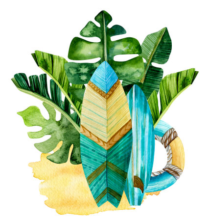 Bright summer marine watercolor illustration. Hand drawn turquoise surfer boards and lifebuoy with tropical leaves. Design for posters, postcards and other. vacation, travelの写真素材