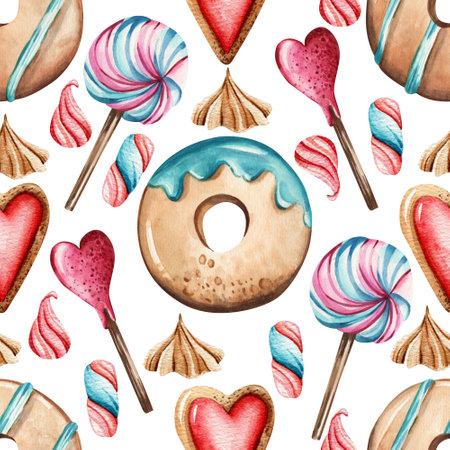 Seamless watercolor pattern with sweets. Hand drawn donuts with icing, lollipops and marshmallows on a white background. Design for wrapping paper.の写真素材