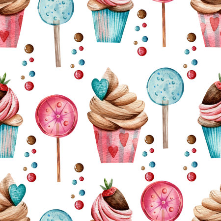 Seamless watercolor pattern with sweets. Hand drawn cupcakes and lollipops on a white background. Design for wrapping paper.の写真素材