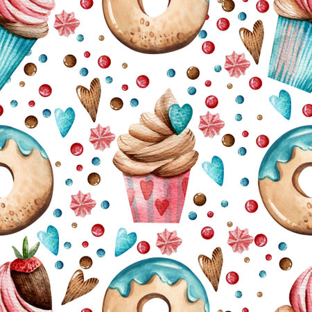 Seamless watercolor pattern with sweets. Cupcakes with cream, donuts, confetti, marshmallows on a white background. Design for wrapping paper.の写真素材