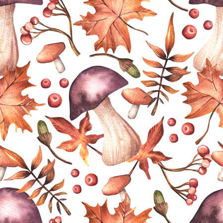 Seamless watercolor pattern. Hand drawn mushrooms, maple and rowan leaves, red berries, acorns on a white background. Autumn, leaf fall, forest. Design for wrapping paper.の写真素材