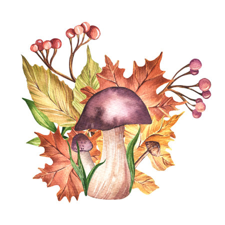 Watercolor composition with autumn leaves, forest mushrooms, twigs and berries isolated on a white background. Autumn, leaf fall, forestの写真素材
