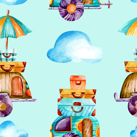 Seamless watercolor pattern. Hand drawn cute trailers, umbrella and suitcases on the roof, clouds on a blue background. Camping, travel.の写真素材