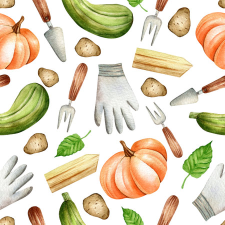 Seamless watercolor pattern. Hand drawn pumpkin, zucchini, potato, gloves, garden tools, isolated on white background. Design for fabric, wrapping paper, backgrounds.の写真素材