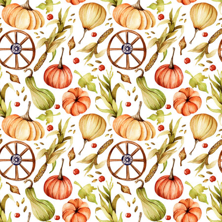 Seamless watercolor pattern. Hand drawn pumpkins, cobs and corn leaves. berries, wooden wheel, autumn leaves isolated on white background. Autumn, Thanksgiving, harvest.の写真素材