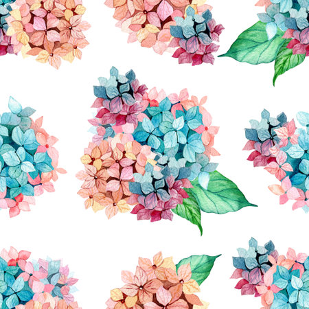 Seamless watercolor pattern. Bright, colored hydrangeas isolated on a white background. Botanical illustration.の写真素材