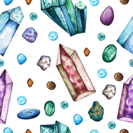 Seamless watercolor pattern. Hand drawn colored crystals and stones, isolated on a white background. Design for wrapping paper, backgrounds, fabric.の写真素材