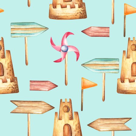 Seamless watercolor pattern. Sand castle, flags, isolated on a color background. Summer, beach holiday. Design for wrapping paper.の写真素材