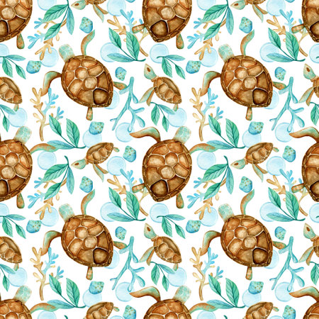 Seamless watercolor pattern with sea turtles, algae, corals, air bubbles. Underwater world, scuba diving. Design for wrapping paper, printing on fabric.の写真素材