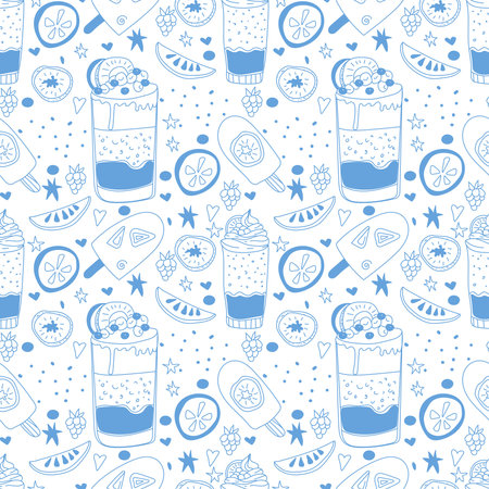 Seamless vector pattern in doodle style. Cocktails in glasses, ice cream, fruits on a white background. Summer, vacation, dessertsのイラスト素材