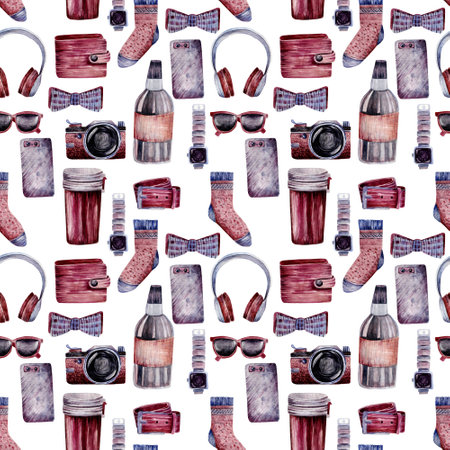 Seamless pattern with mens accessories. Hand-drawn watch, socks, headphones, belt, wallet and other isolated on background. Design for packaging, backgrounds, wallpaper.の写真素材