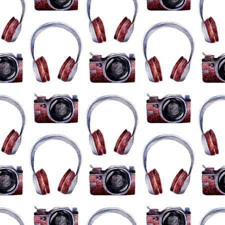 Seamless watercolor pattern with camera and headphones in vintage style isolated on background. Fathers Day. Design for packaging, backgrounds.の写真素材