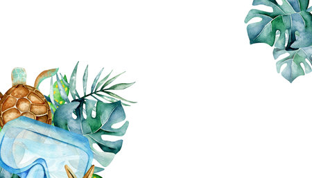 Nautical postcard template with place for text. Tropical leaves, snorkeling mask, sea turtle. Invitation, party flyer.の写真素材