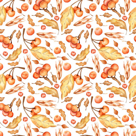 Seamless watercolor pattern. Autumn template. Hand drawn orange, yellow leaves, rowan berries isolated on background. Design for backgrounds, wrapping paper.の写真素材
