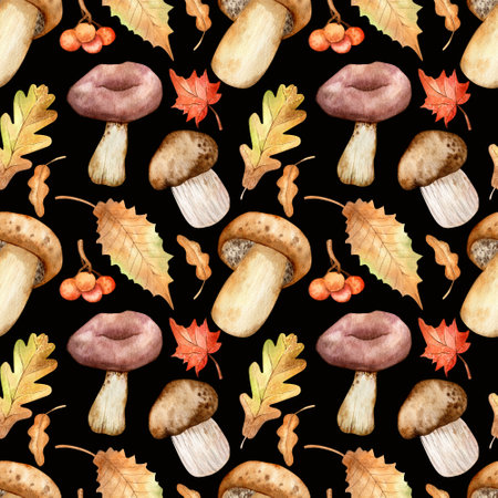Seamless watercolor pattern. Autumn template. Hand drawn forest mushrooms, oak leaves, maple, rowan berries isolated on a black background. Design for backgrounds, wrapping paper.の写真素材