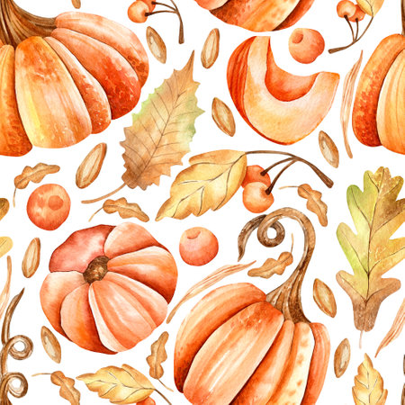 Seamless watercolor pattern. Autumn pumpkins, orange leaves, branches and rowan berries isolated on background. Designs for fall holidays, textiles.の写真素材