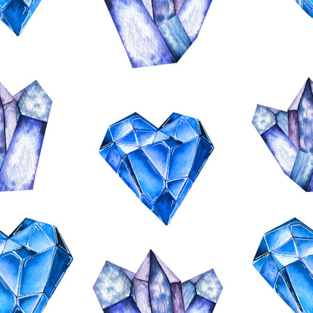 Seamless watercolor pattern. Hand drawn blue crystals of different shapes isolated on background. Design for backgrounds, wallpapers, fabric printing.の写真素材