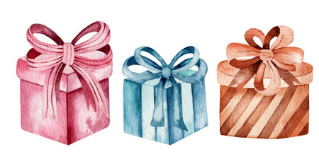 Set of watercolor illustrations. Hand drawn gift boxes with ribbon bows isolated on background. Pink, blue and brown colors. Design for postcards, stickers.の写真素材