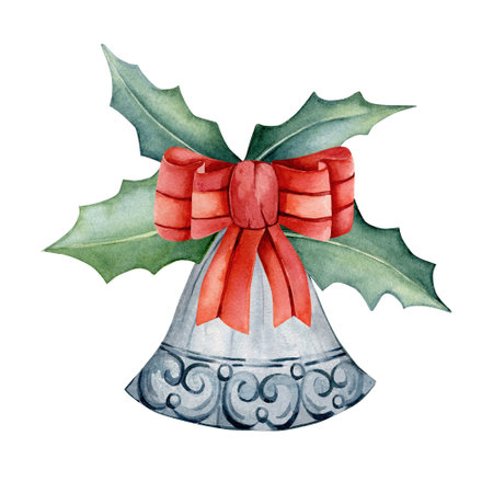 Winter watercolor illustration. Hand drawn bell with red satin bow isolated on white background. Design for cards, invitations. Happy New Year, Merry Christmas.の写真素材