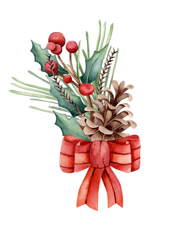 Watercolor illustration. New Years winter bouquet with a red bow, a sprig of holly with red berries, a pine cone and a spruce branch. Design for postcards, invitations. Merry Christmas.の写真素材
