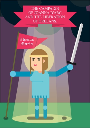 Jeanne D'arc, with a sword and a banner in her hands, stands in the heavenly rays. Liberation of the OrlÃ©ans.のイラスト素材