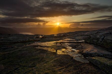 Sunset on Kvernafjellet over Lysefjorden, Norwayの写真素材