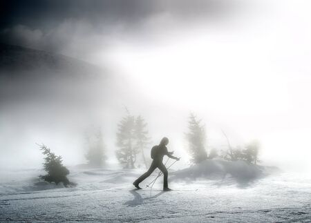 Woman on cross-country skis in Karkonosze mountains, Polandの写真素材
