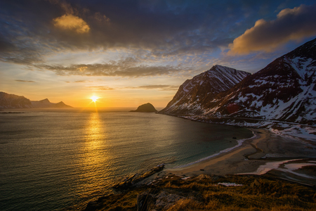 Haukland Beach coastline in sunset, Lofotenの写真素材