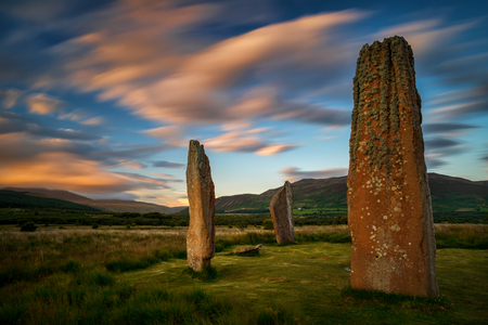 Machrie Moor Stones in sunset light, Isle of Arran, Scotlandの写真素材