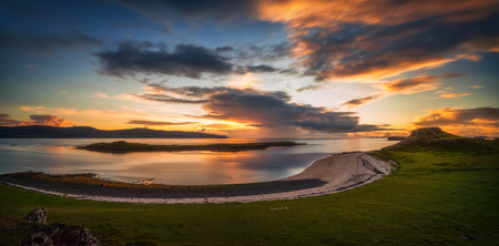 Coral Beach of Dunvegan panorama in colorful sunset, Isle of Skye, Scotlandの写真素材