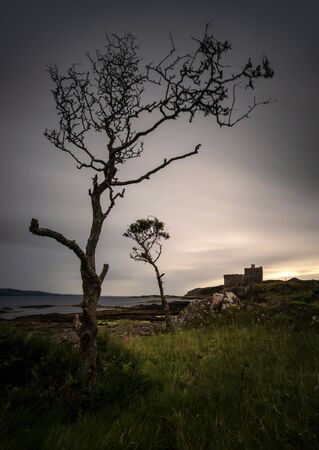Mingary Castle in stormy weather with scottish trees, Scotlandの写真素材