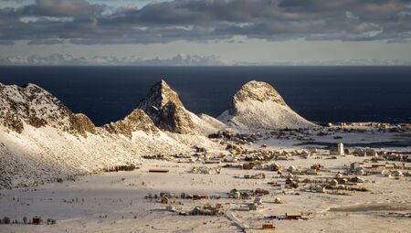Sorland village on Vaeroy Island in sunny day, Lofoten, Norwayの写真素材