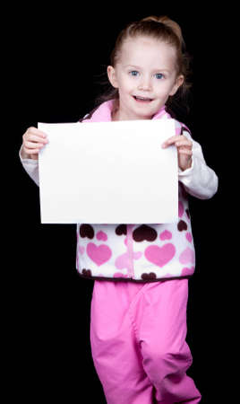A girl holding a blank sheet.  The customer could put anything they want on the piece of paper.  A report card, a drawing or a name are some ideas.の写真素材