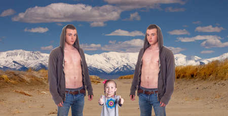 A photograph of a three people in a nice landscapeの写真素材