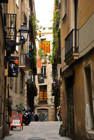 Typical Catalan street with flagsのeditorial素材