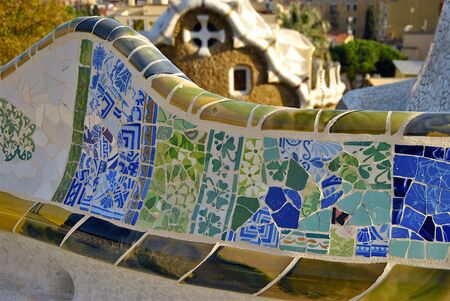 Bench with ceramic tile mosaic in Park Guellの写真素材