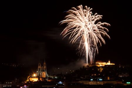 Fireworks above castle and church in Brnoの写真素材